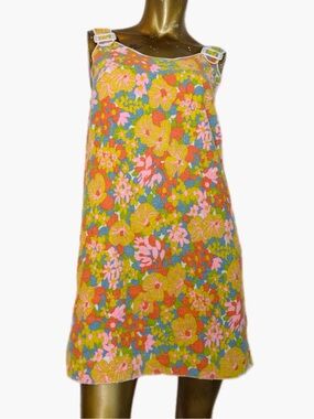 Custom Vintage 60s/70s Floral Terry Cloth Towel Sleeveless Mod Mini Dress 34”